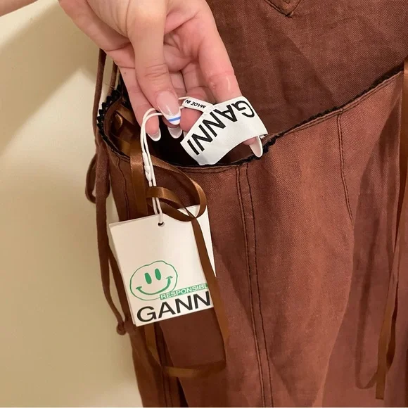 Ganni Hemp Maxi Dress with Beaded Trim Rootbeer Brown - Picture 14 of 16